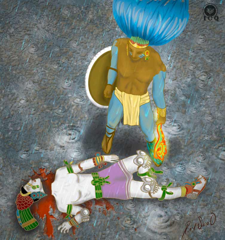“Colibrí Zurdo” [Huitzilopochtli] derrotando a “La adornada de cascabeles” [Coyolxauhqui].