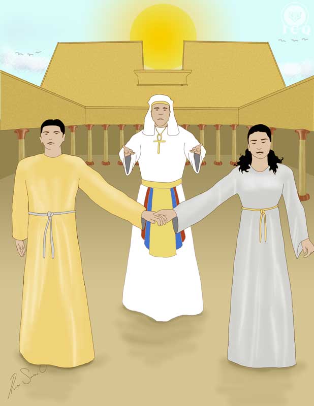 Sarastro (el Ser), Pamina (el alma divina) y Tamino (el alma humana), del libro: “La Flauta Mágica y la Iniciación”. Dibujo: Rubén Soto (Gnosis ICQ).