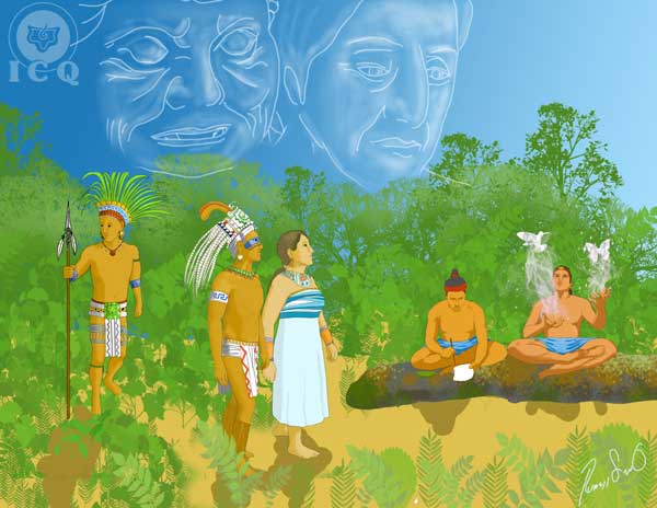 Parte superior “Antiguo Secreto” y “Antigua Ocultadora”, a la izquierda los Magos y sentados los gemelos divinos. Dibujo del libro: “Enseñanzas Secretas del Popol Vuh” Ruben Soto (Gnosis ICQ).