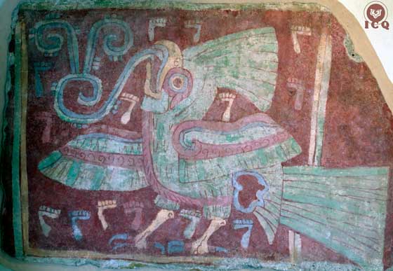 Una vírgula muy elaborada (el nombre del Ser) emana de un ave (el Íntimo) mientras unos pies se dirigen hacia arriba a los mundos superiores. (Teotihuacán, México).