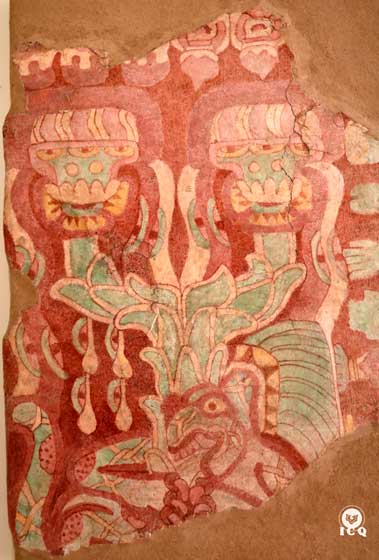 En la parte inferior se encuentra el jaguar con un tocado de plumas (el Ser), y sobre él una planta de maguey (la voluntad verdadera); del Padre Interno es donde debe emanar la voluntad. (Teotihuacán, México).