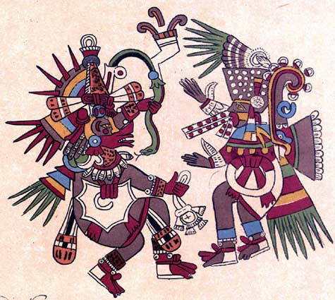Quetzalcóatl y “Espejo Humeante” (Tezcatlipoca), [Códice Borbónico]