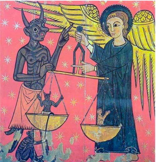 San Miguel pesando almas, Iconografía Medieval, autor desconocido imagen de dominio público 1930