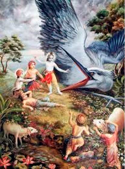 El señor Krsna derrotando al demonio Baka, imagen de uso común de autor anónimo.