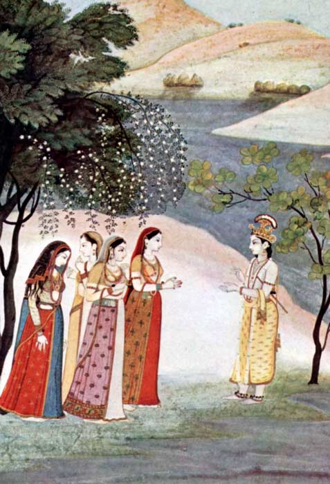 El señor krishna y Arjuna en el campo de batalla, imagen de uso común, de autor anónimo.