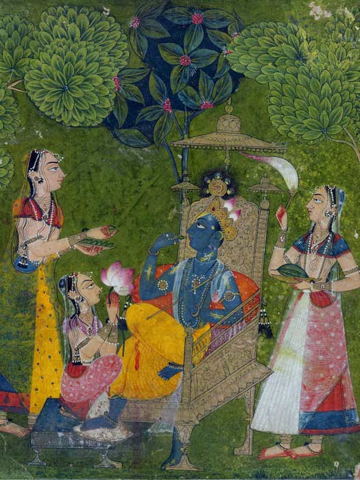 Imagen del Señor Krishna en la batalla de autor anónimo, pintura india clásica o estilo devocional.