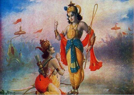 Imagen del Señor Krishna y Arjuna de autor anónimo, pintura india clásica o estilo devocional.