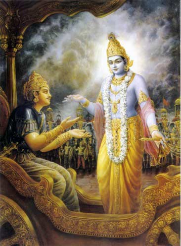 El Señor Krsna con Arjuna, imagen de uso común, de autor anónimo. El Señor Krsna con Arjuna, imagen de uso común, de autor anónimo.