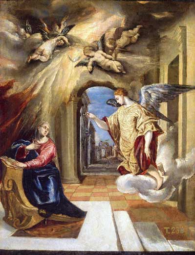 La Anunciación: el arcángel Gabriel anuncia a María que va a ser la Madre de Jesús (El Greco, 1575). 