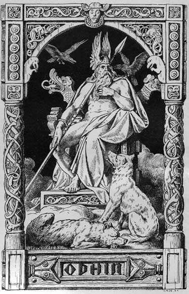 Odín dios de la mitología nórdica. Johannes Gehrts (1888). Los cuervos Hugin (pensamiento) y Munin (memoria) se encargan de informar lo que sucede en el mundo. 