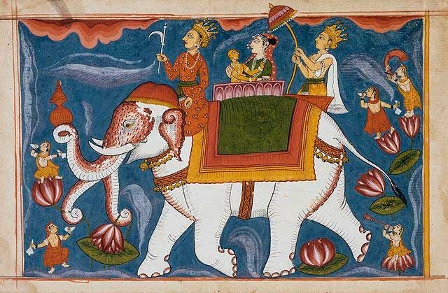 Indra transportando Jina Rishabhanatha (Adinatha) en Airavata. Himno del devoto inmortal. (1800-1825)