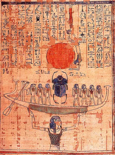 Nun, dios de las aguas del caos, levanta la barca del dios sol Ra simbolizado por el escarabajo y el disco solar. Libro de los Muertos de Anhai. 1050 a.c.
