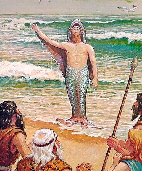 Apkallu Babilonia. Augustus Knapp, Representa la salida del mar del ser anfibio (Apkallu) llamado OANNES o UAN. El primero de los mensajeros «divino» que vino a «instruir» a los primeros hombres en Babilonia.