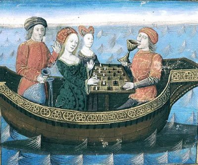 Tristan de Léonois. Representación de Tristant et Yseult -mientras navegan, juegan al ajedrez-,buvant le philtre d'amour, 1470. Siglo XIV. Biblioteca Nal. Francia.