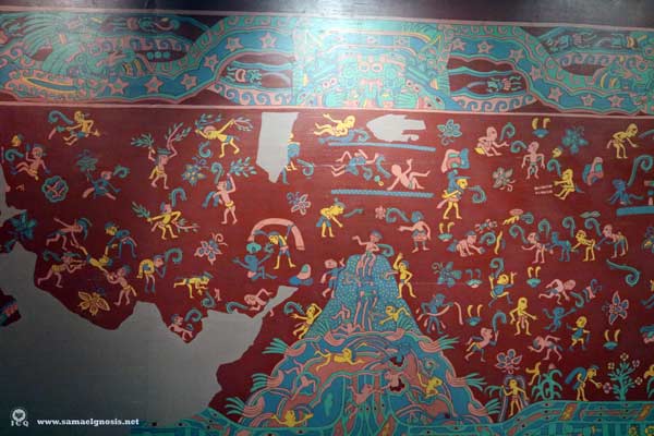 En este mural teotihuacano podemos apreciar que destacan los colores deseados para el Yoga del Sueño: azul, amarillo y rojo. Se trata del paraíso del dios de la lluvia (Tláloc) llamado el Tlalocan. Zona Arqueológica de Teotihuacán, México.