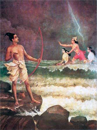 Váruna sale del mar, por los flechazos de Rama. [Pintura: Raja Ravi Varma  (1848–1906)]