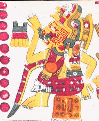Flor Preciosa (Xochiquétzal) en su pecho el disco solar, en la cabeza el yelmo de quetzal, su nariguera lunar. [Códice Borgia]
